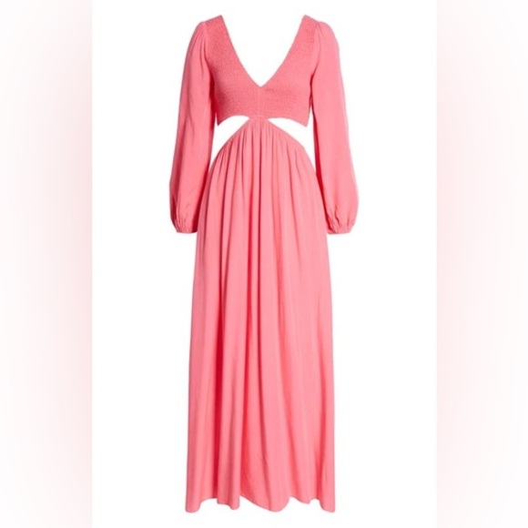 VICI Smocked Cutout Long Sleeve Maxi Dress In Hot Pink Size Small - Picture 2 of 5